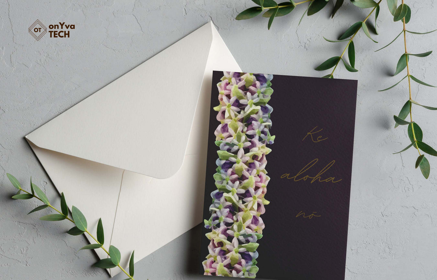 greeting portrait adorned with a crown flower petal lei floral border and the words Ke Aloha No