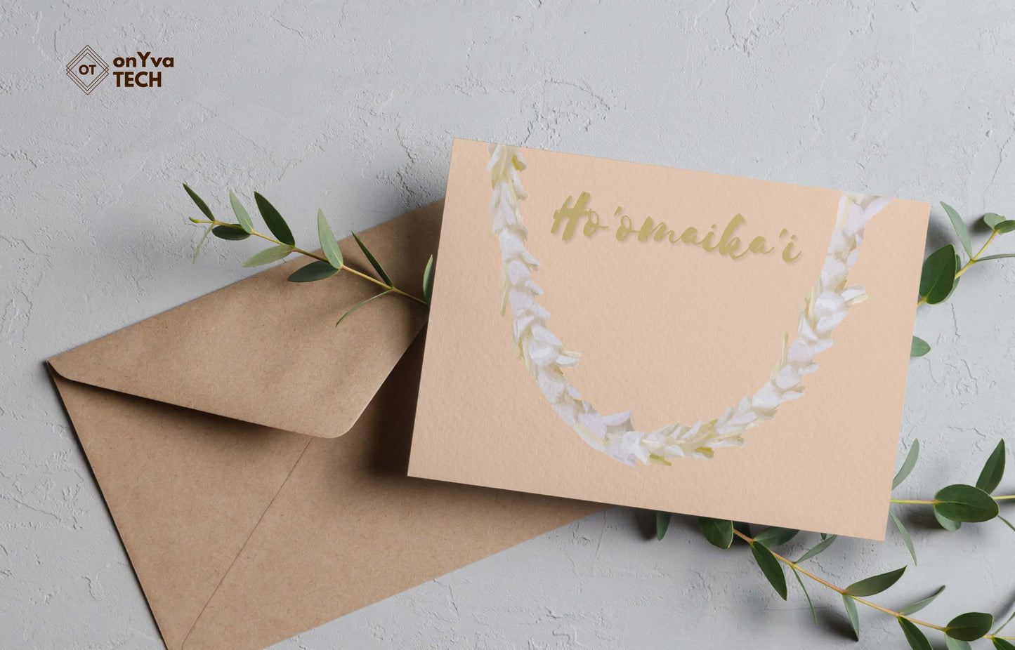 Congratulation greeting card adorned with half an oval White Ginger Lei floral border and the words Hoomaikai