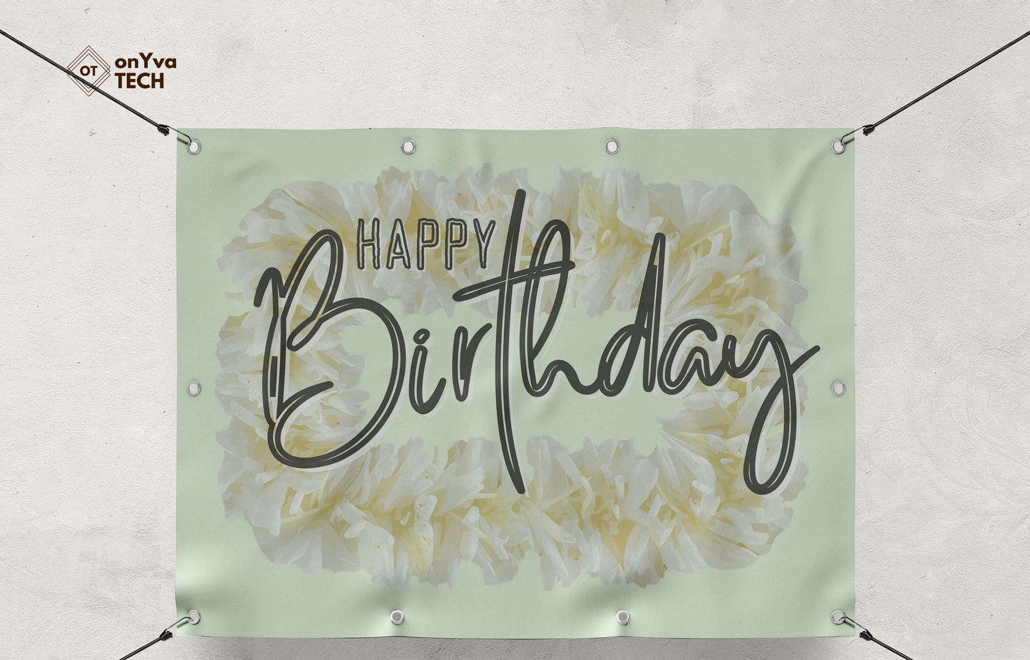 banner with a sublimation print of a rectangle border of a White Ginger Lei frame surrounding the words
