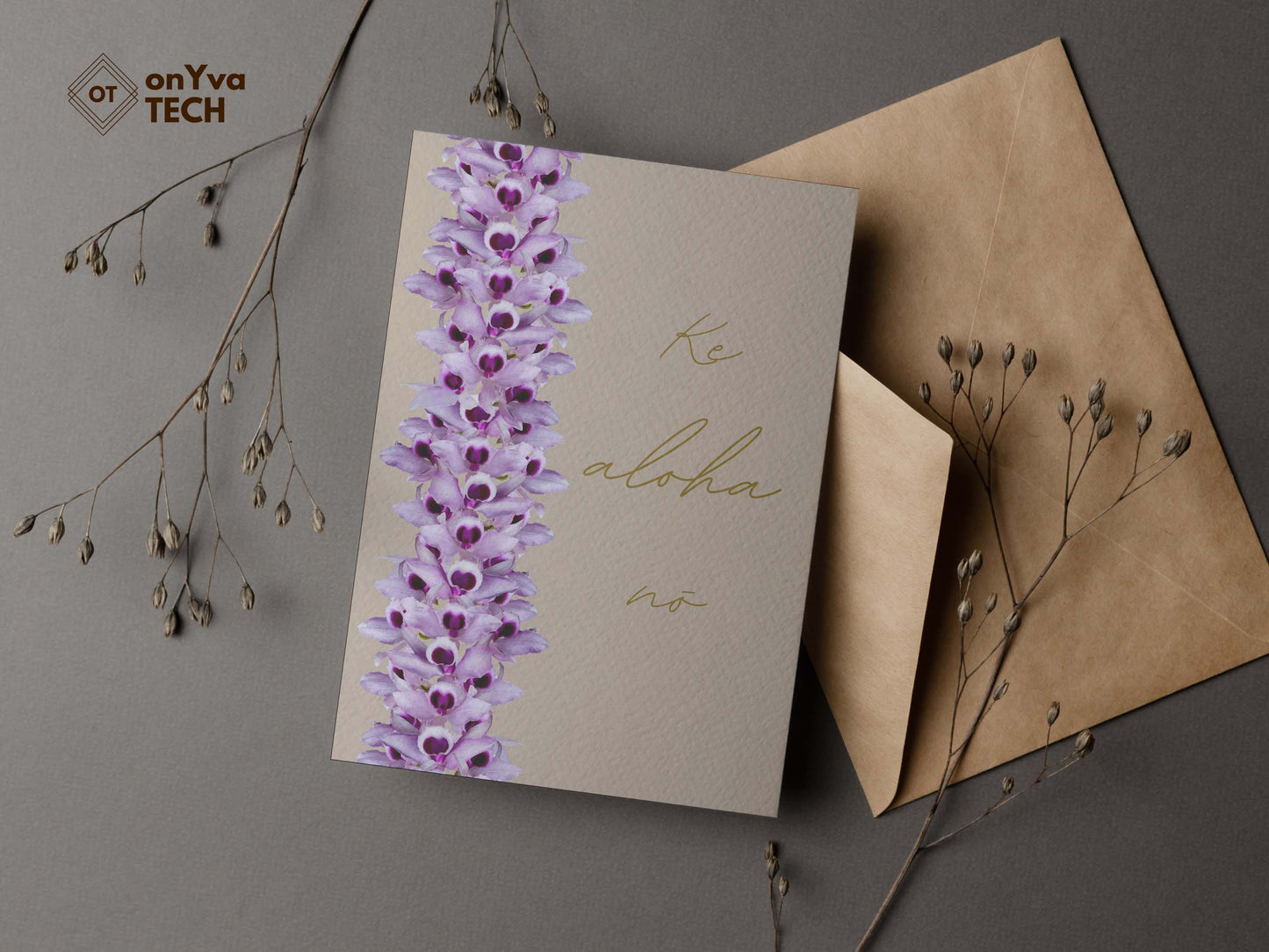 greeting portrait adorned with Honohono Orchid Lei floral border and the words Ke Aloha no