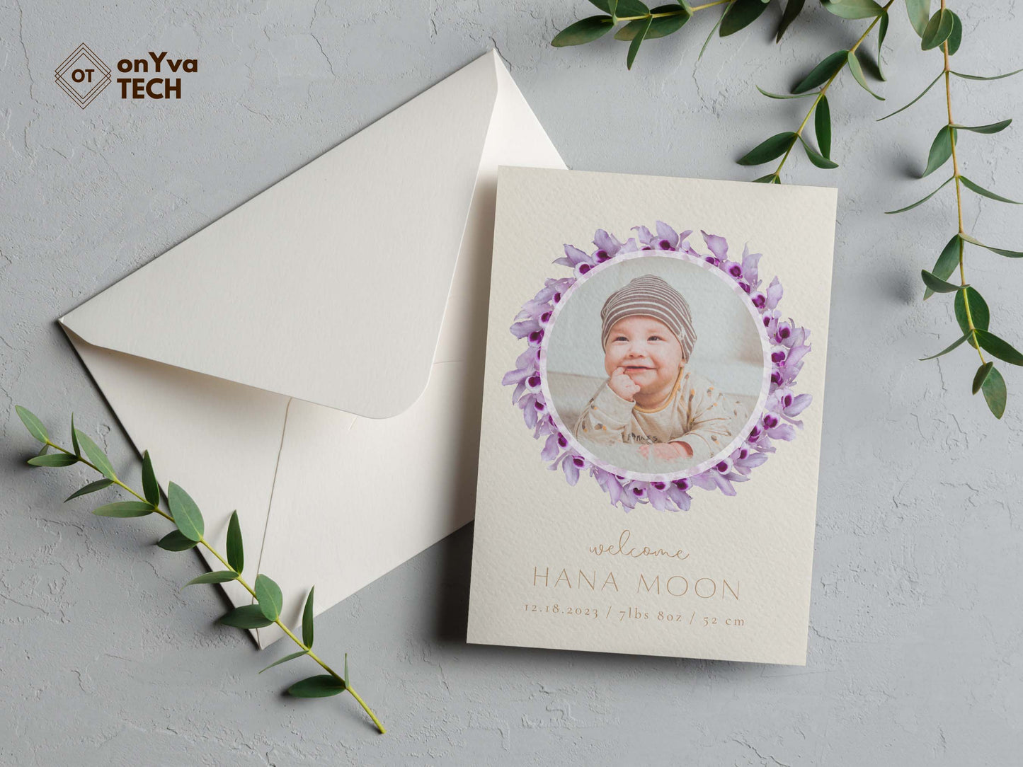 baby announcement card with a circle frame of Honohono Orchid Lei necklace around the picture.