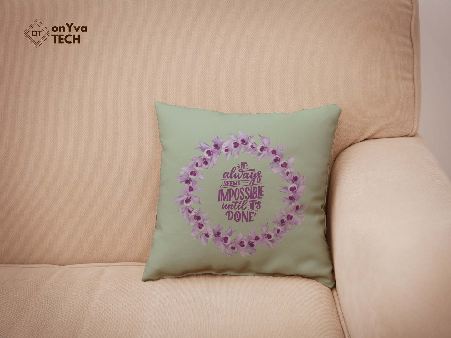 Green personalized pillow sublimation printed with a circle frame of a Honohono Orchid Lei and in the middle, the words Best Mom
