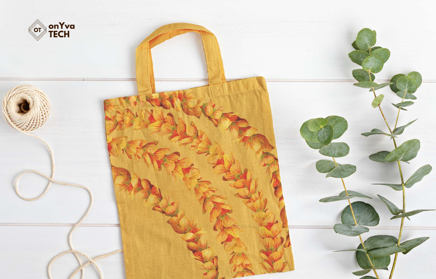 jute tote bag with 3 Ilima Lei sublimation print from top to bottom