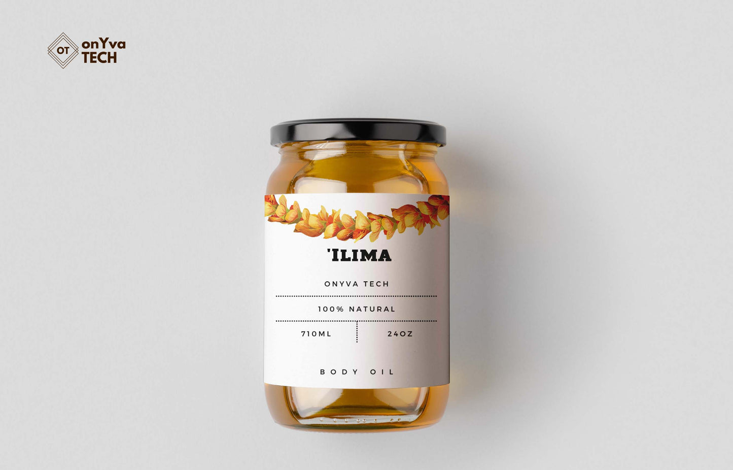 jar mockup with a white label and an arc of a Ilima Lei printed at the top facing up