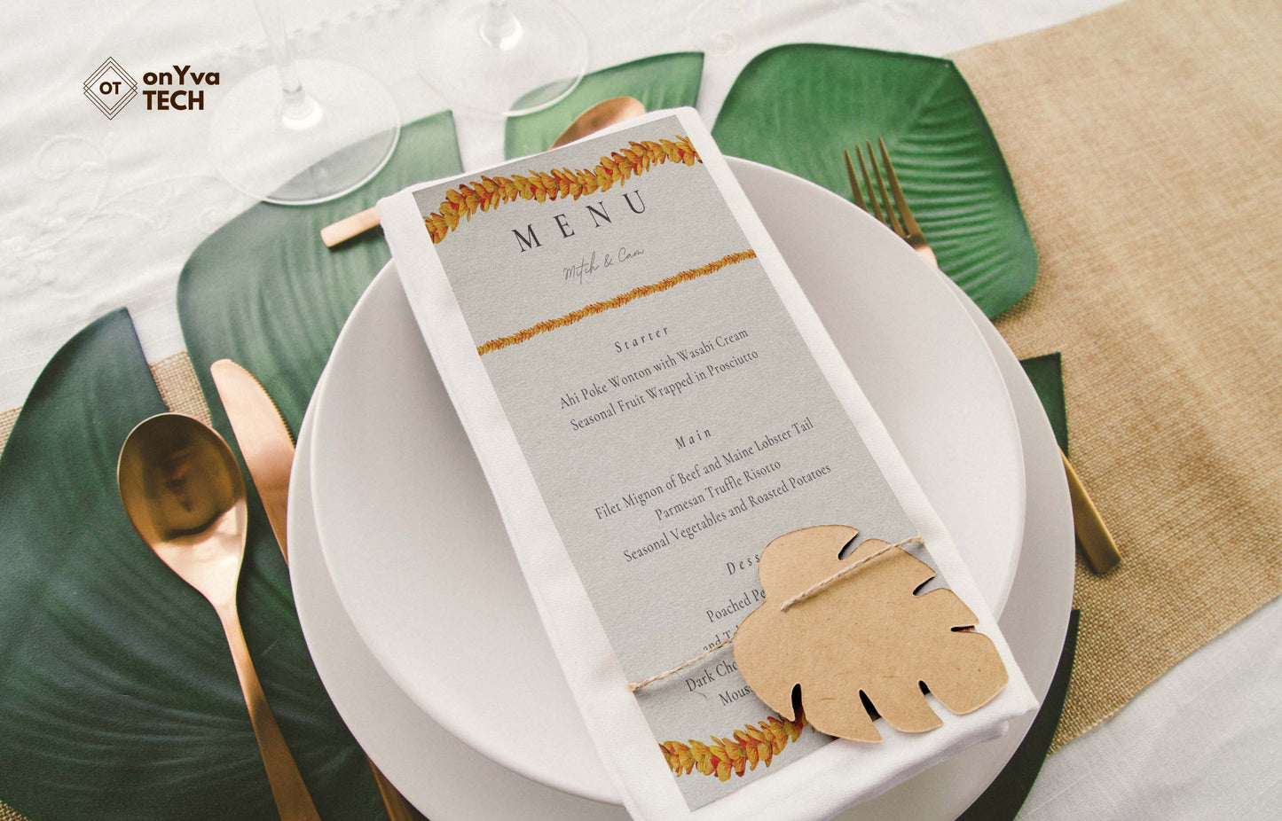 wedding plate setting with a lunch menu. The menu is adorned with several squiggle designs of the Ilima Lei used as text dividers