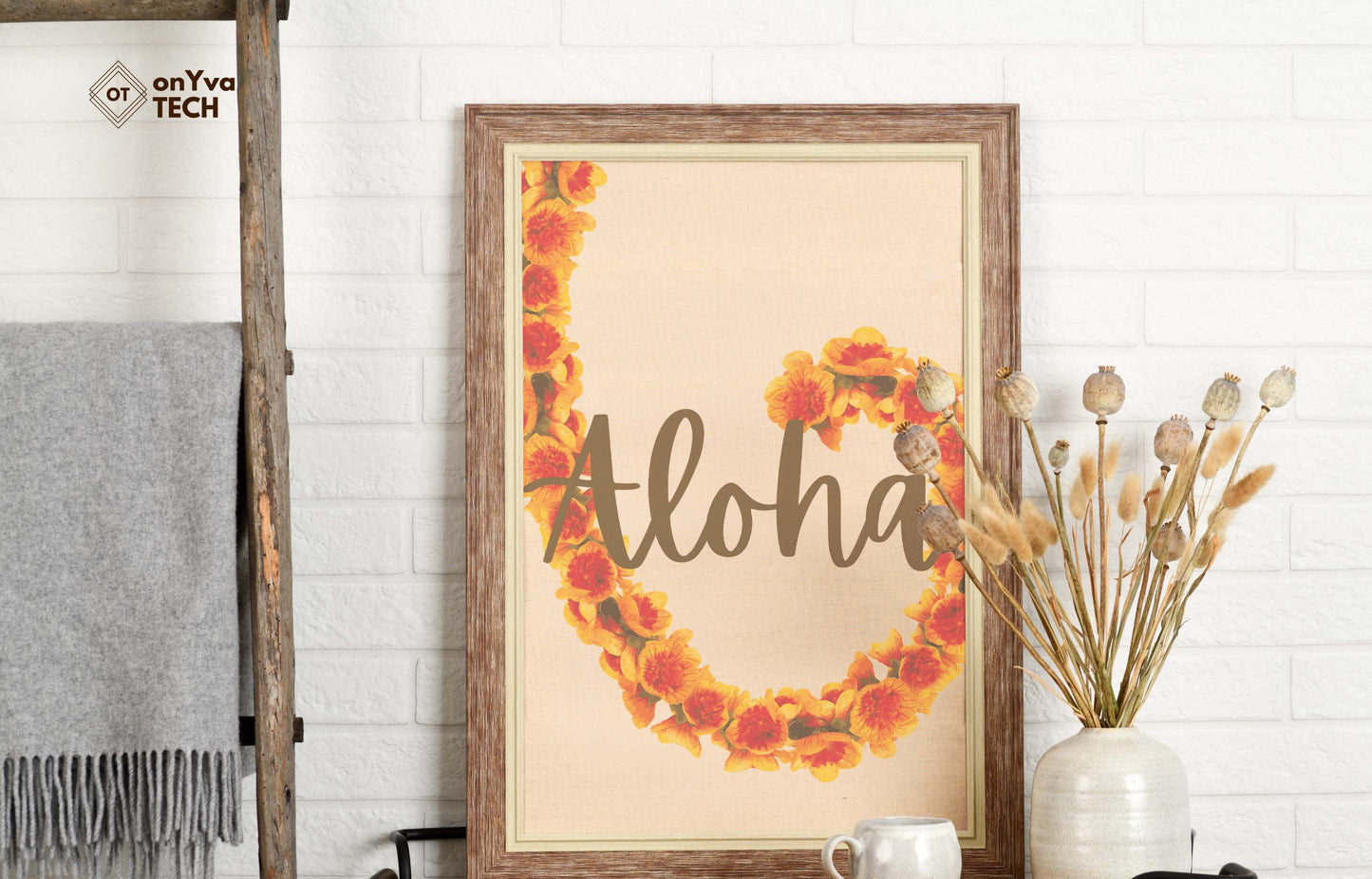 printed poster in a frame of a swirl of a Ilima Lei with the words Aloha