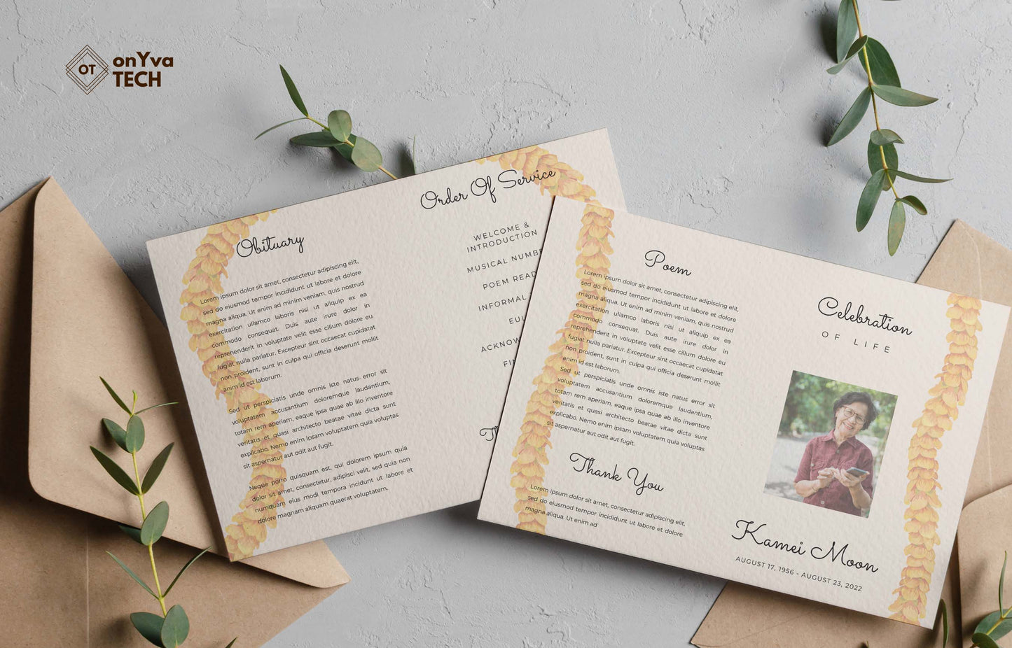 celebration of life program mockup with two pages embellished with Ilima Lei on the side of each page of the flyer