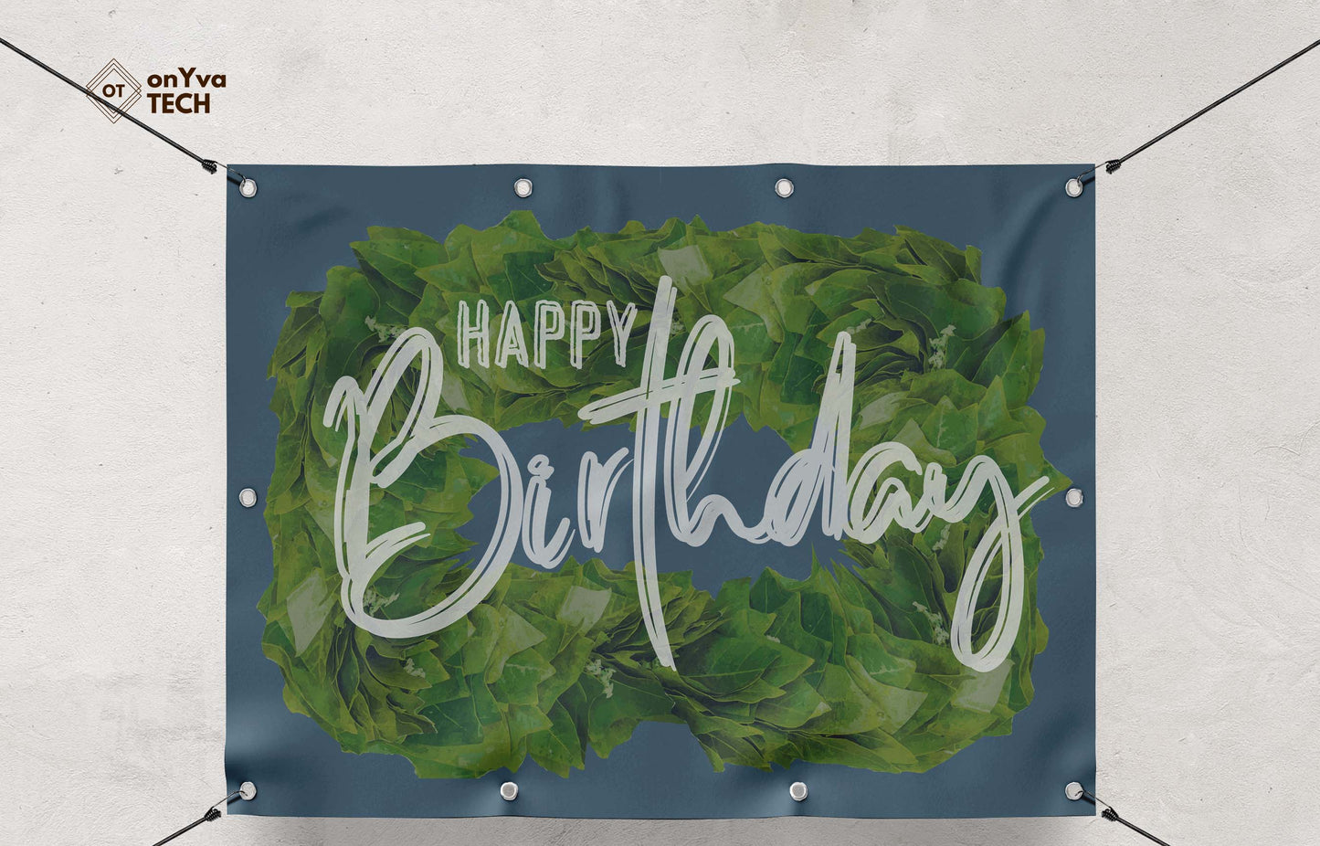 Happy Birthday banner with a sublimation print of a rectangle border of a Kukui Leaf Lei frame surrounding the words