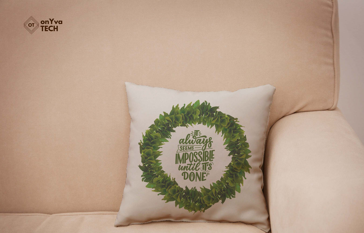 personalized pillow sublimation printed with a circle frame of a Kukui Leaf Lei and in the middle, the words