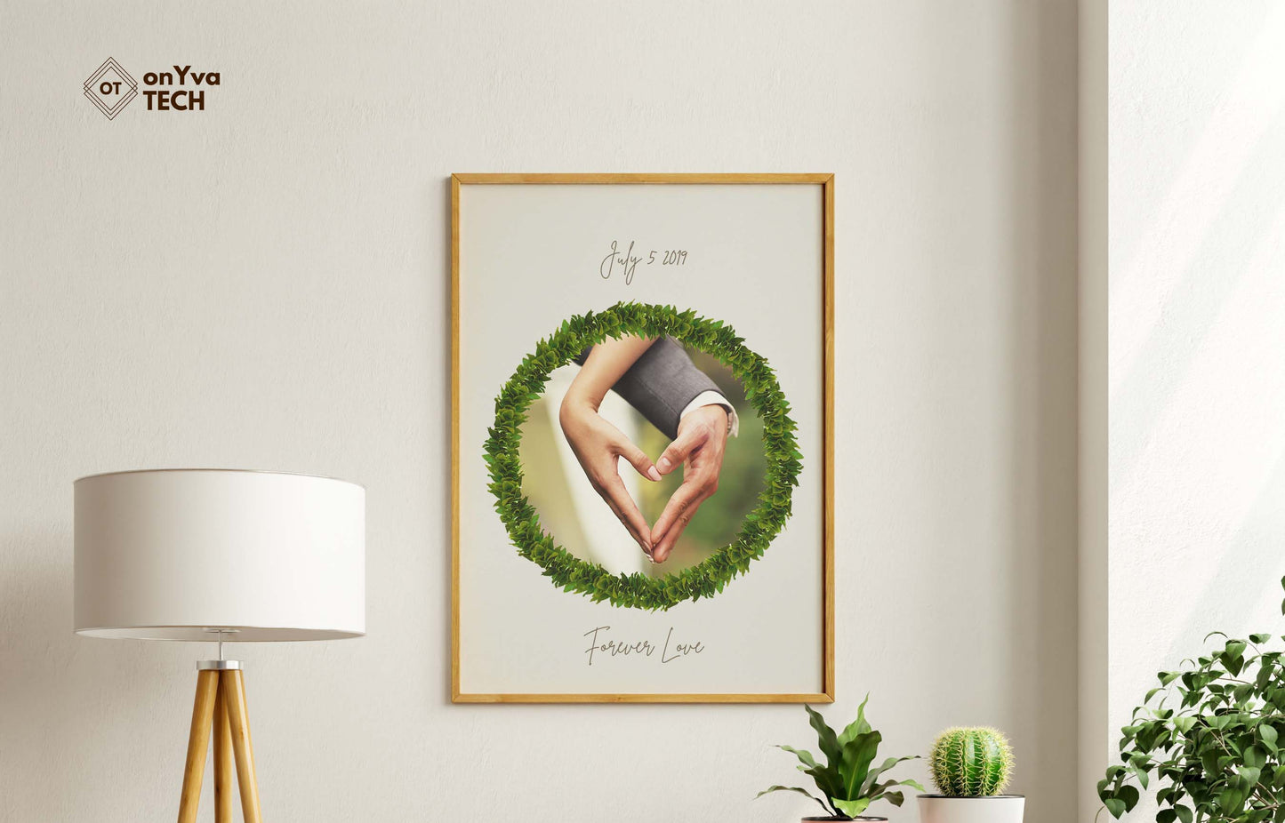 framed printed poster of a couple holding each other with a circle Kukui Leaf Lei border around their picture and printed their wedding date and the words Forever Love
