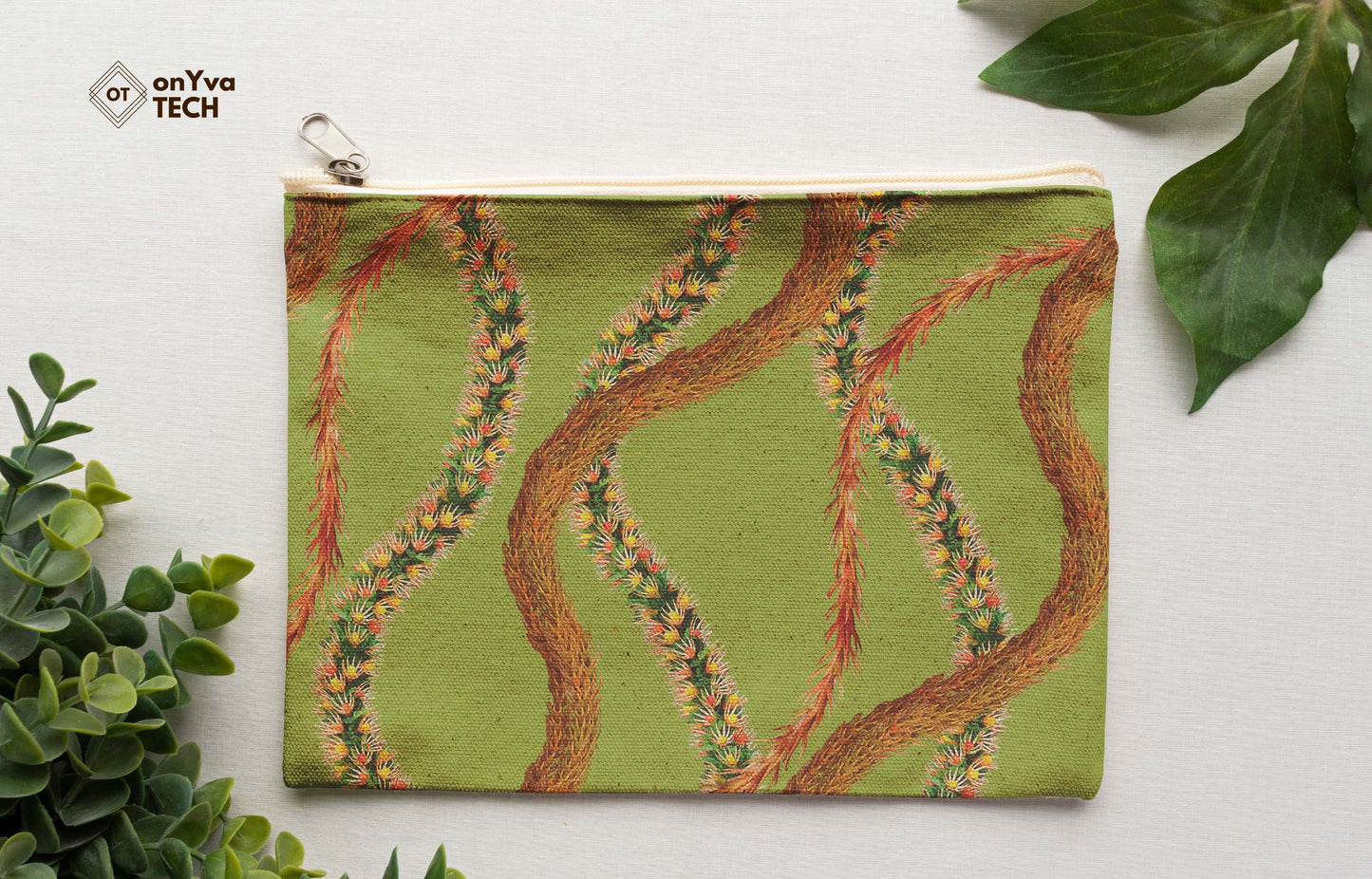 burlap pouch for gifts with the sublimation print of several Kukunaokala Lei flower PNG natural and s-curve