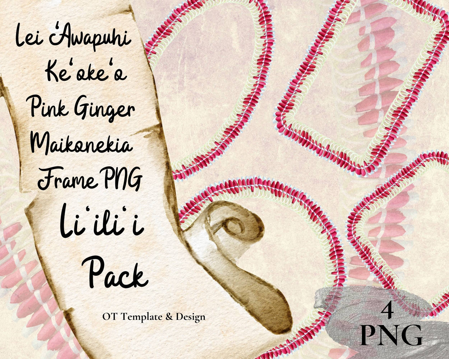 Micronesian White Pink Ginger Lei | Hawaiian Frame PNG Liʻiliʻi Pack | Digital Download