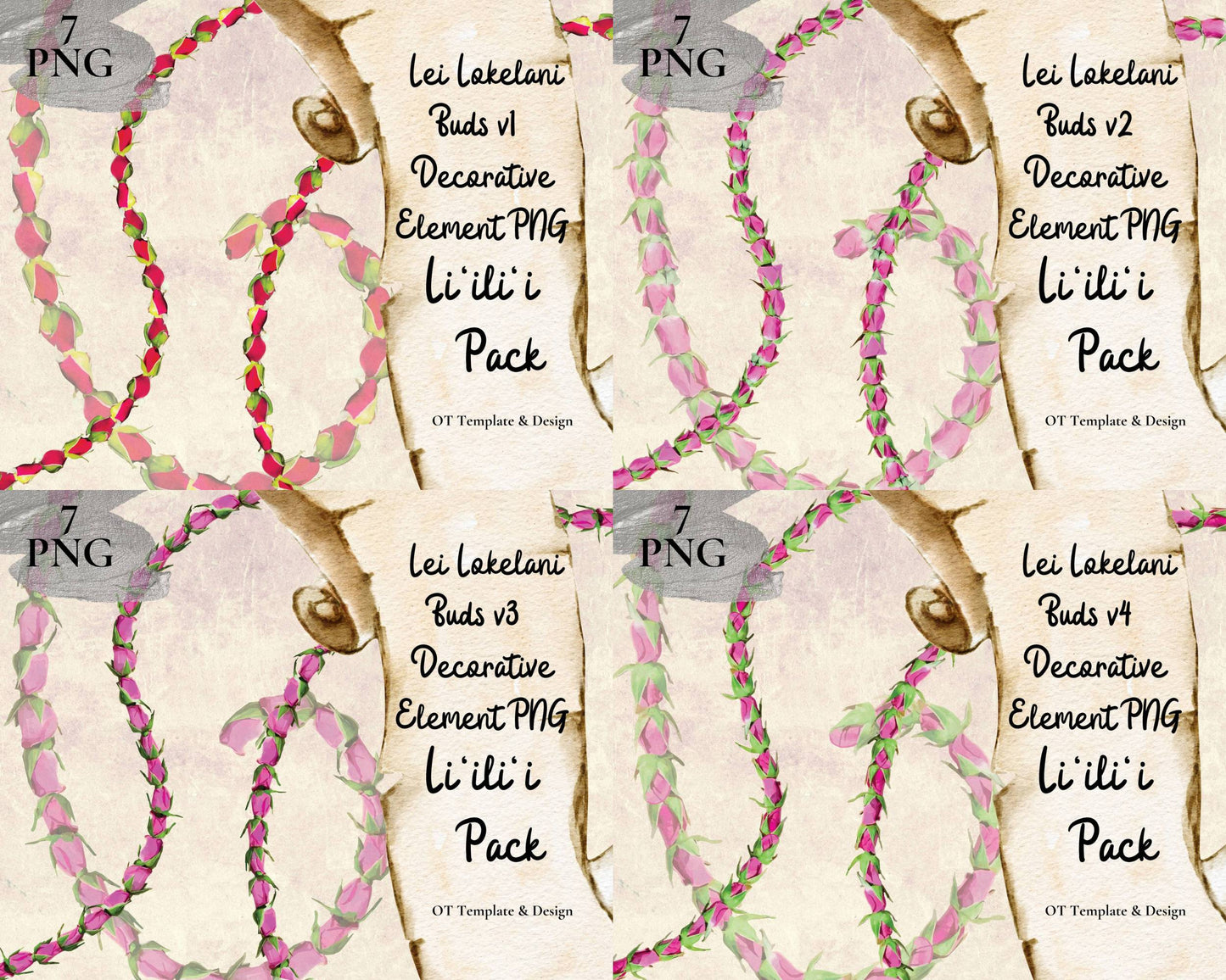 Lokelani Buds Lei | Hawaiian PNG Decorative Element Liʻiliʻi Pack | Digital Download