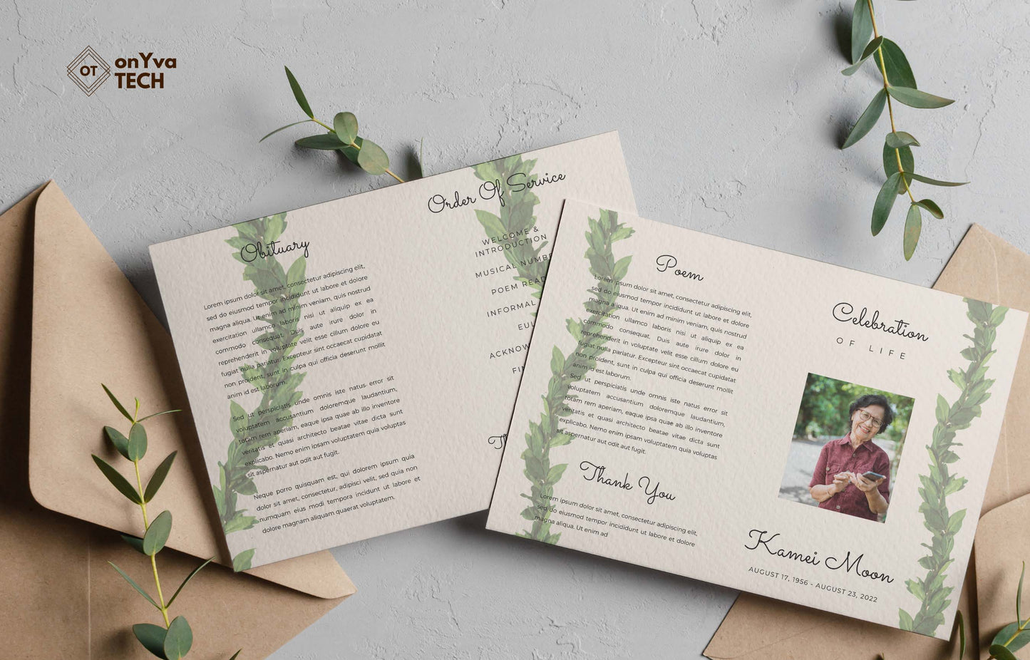 celebration of life program mockup with two pages embellished with Maile Lei on the side of each page of the flyer