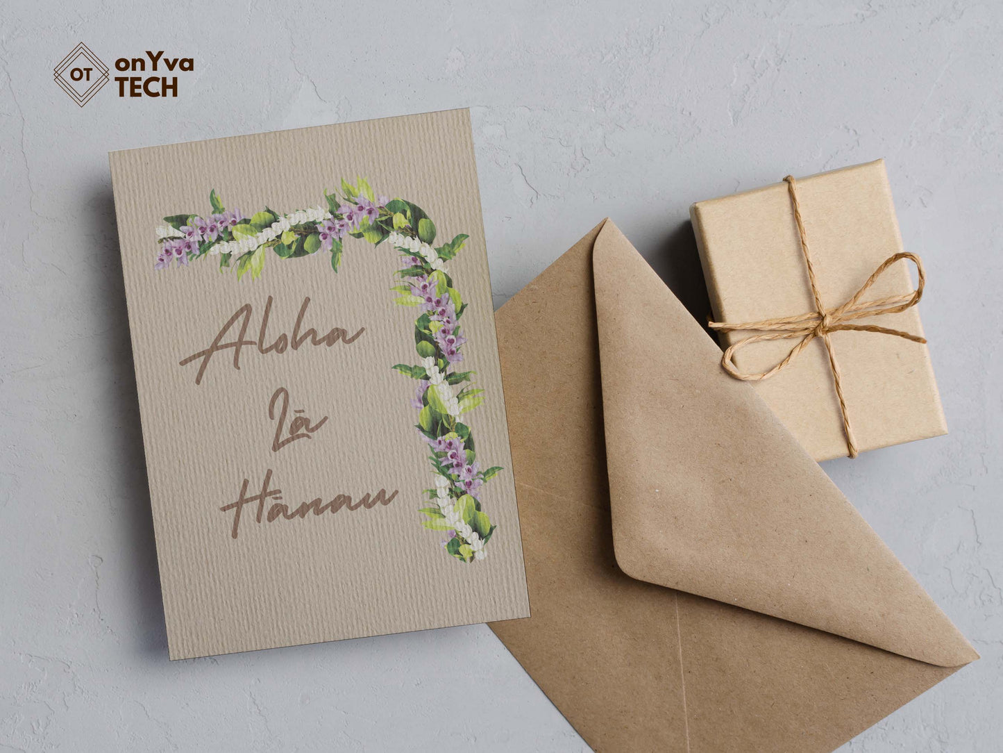 greeting portrait adorned with Maile Pikake Honohono 3 Strand Twist Lei floral border and the words Aloha lā Hanau