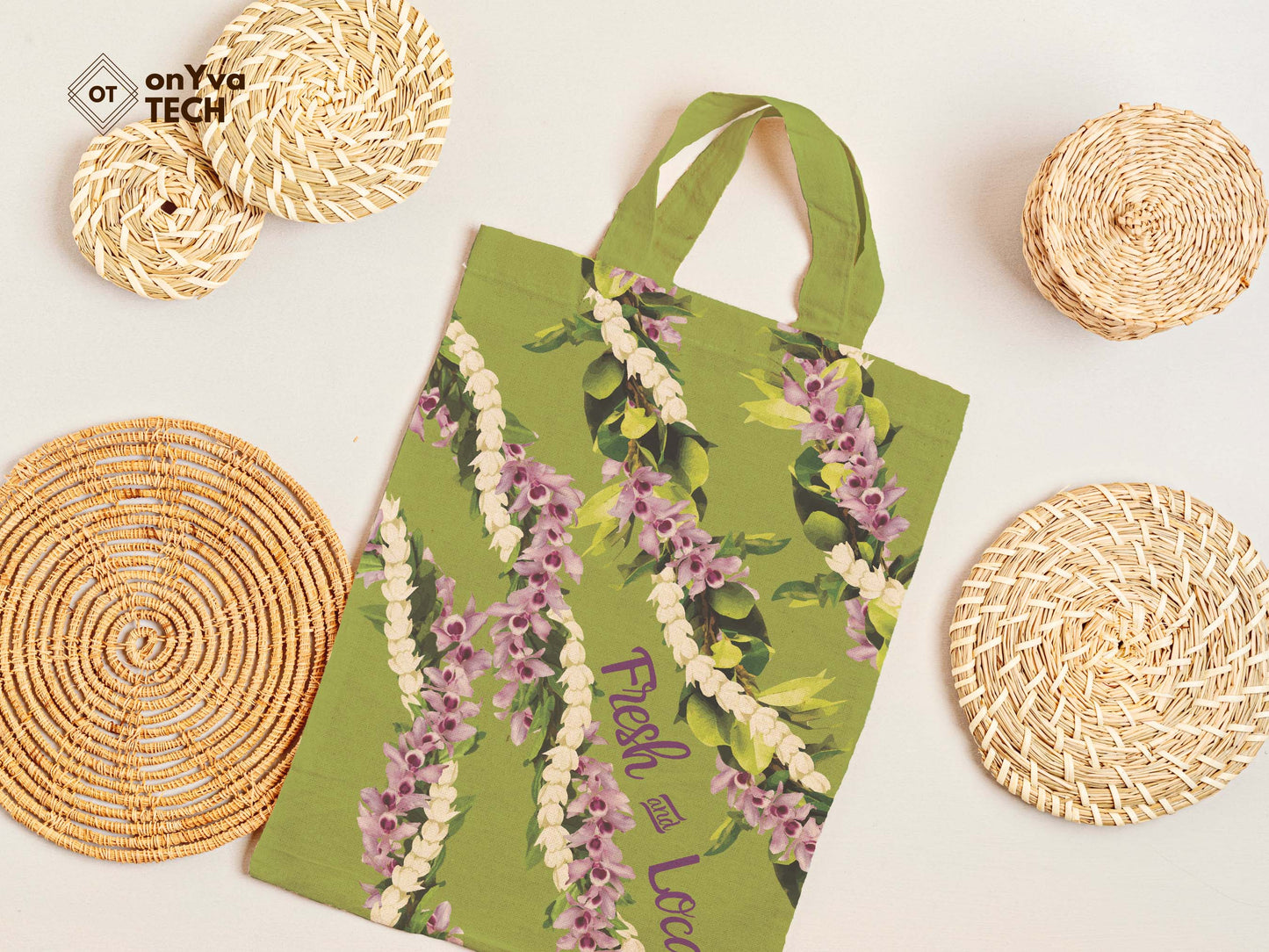 jute tote bag with Maile Pikake Honohono 3 Strand Twist Lei sublimation print from top to bottom