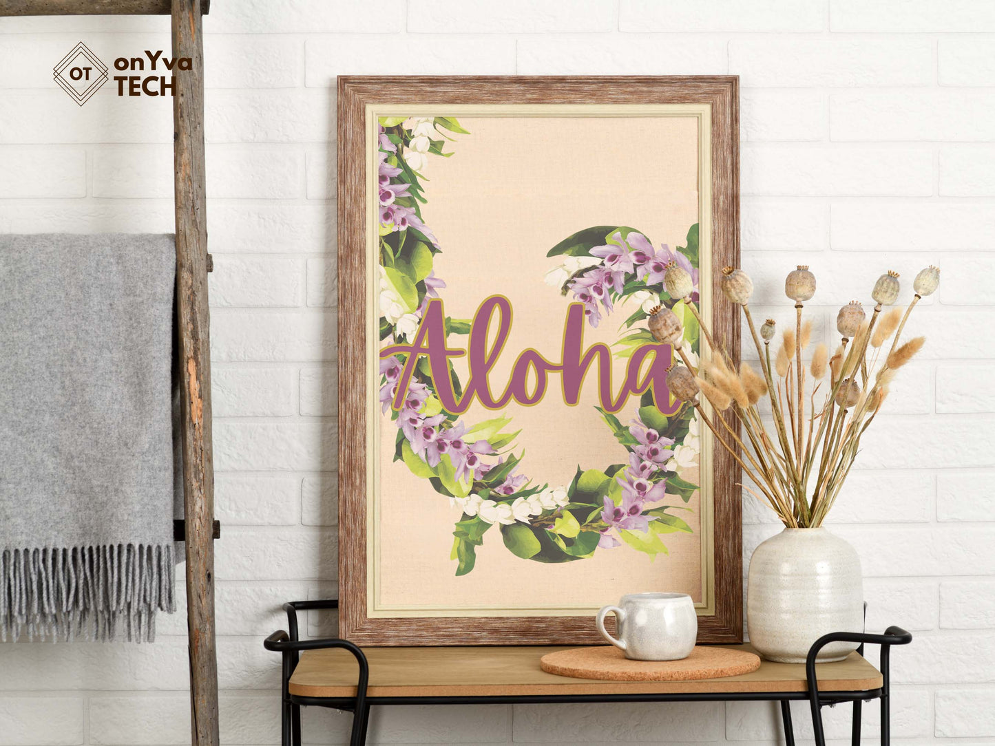 printed poster in a frame of a swirl of a Maile Pikake Honohono 3 Strand Twist Lei with the words Aloha