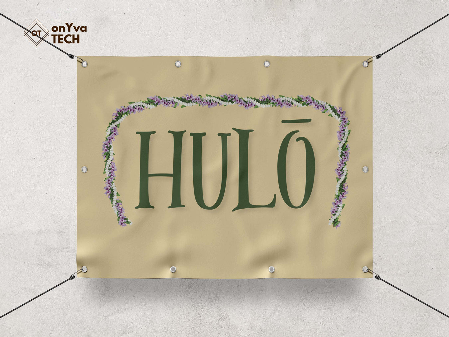 banner with a sublimation print of a rectangle border of a Maile Pikake Honohono 3 Strand Twist Open Lei frame surrounding the words Hulo