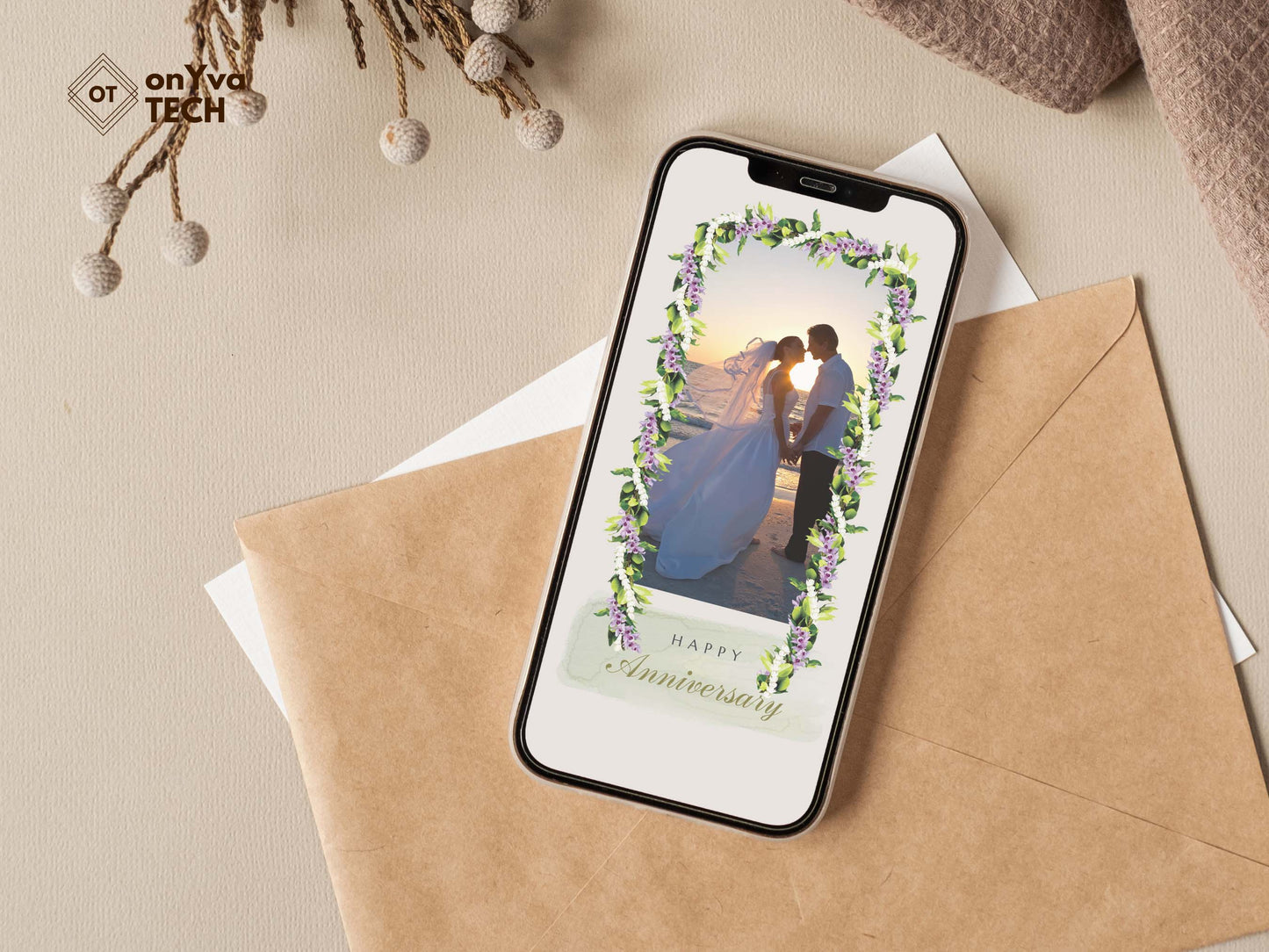 cell phone mockup of a wedding couple kissing. The photo is framed with a Maile Pikake Honohono 3 Strand Twist Open Lei floral frame.