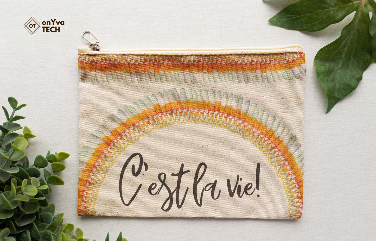 burlap pouch for gifts with the sublimation print of Micronesian White Ginger Ilima Lei flower PNG and the words Cʻest la vie