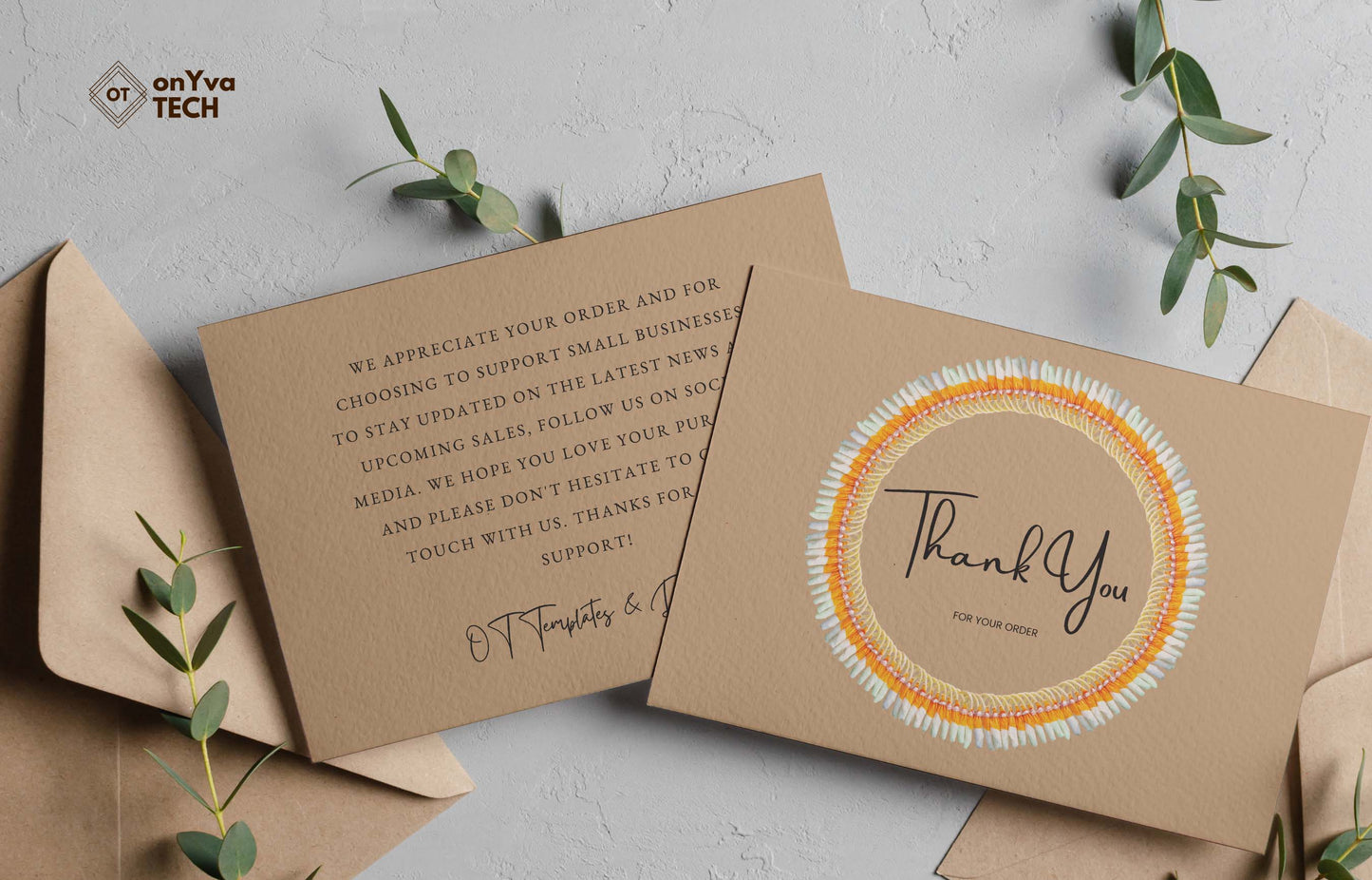 thank you for your order card with a circle border of a Micronesian White Ginger Ilima Lei surrounding the words to add an aloha touch. The back of the card shows a thank you message