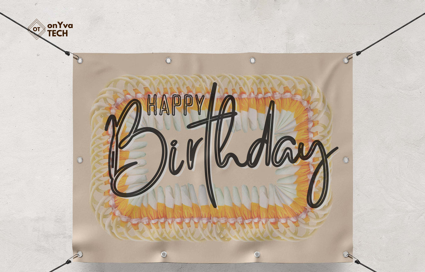 banner with a sublimation print of a rectangle border of a Micronesian White Ginger Ilima Lei frame surrounding the words