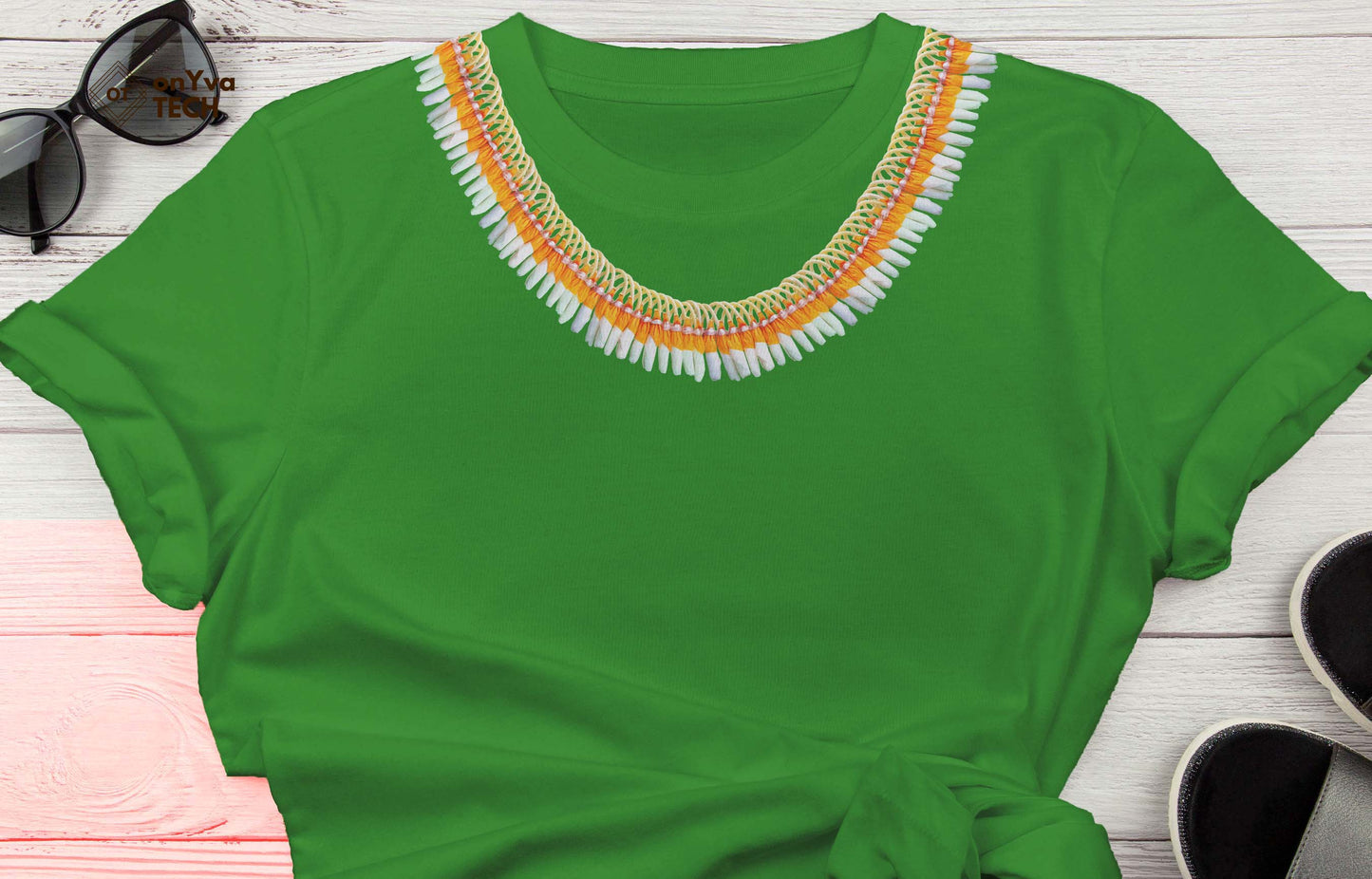 custom t-shirt with the sublimation print of an oval Micronesian White Ginger Ilima Lei dropping from each shoulder