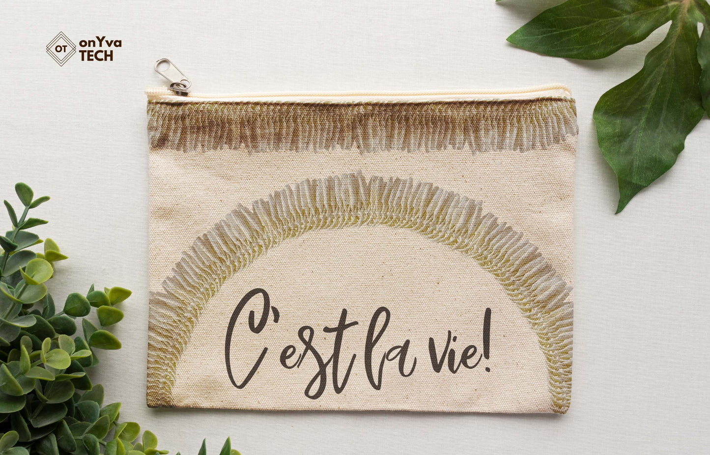 burlap pouch for gifts with the sublimation print of Micronesian White Ginger Lei flower PNG and the words Cʻest la vie