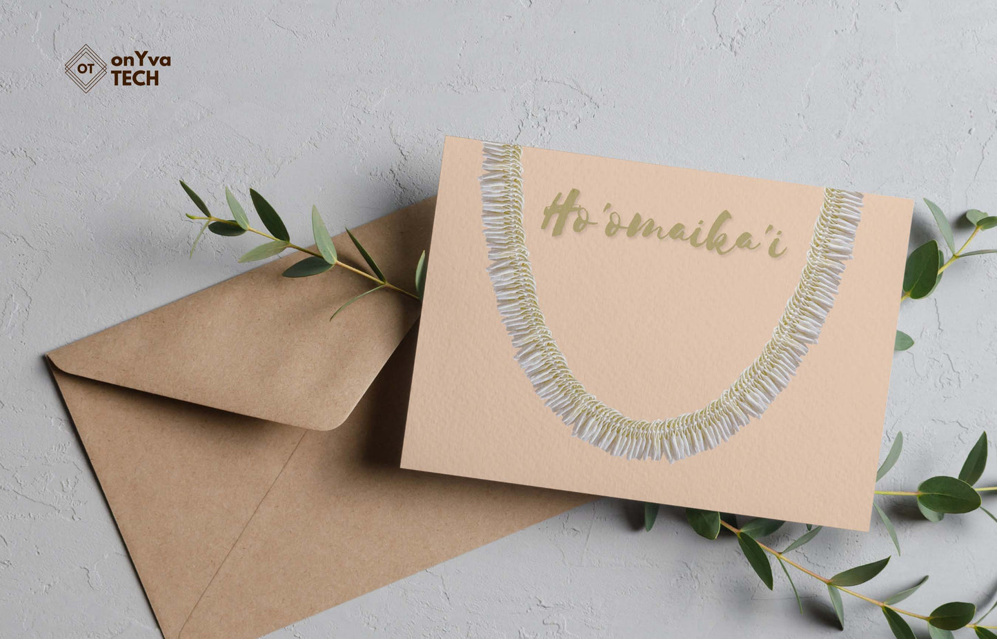 Congratulation greeting card adorned with half an oval Micronesian White Ginger Lei floral border and the words Hoomaikai