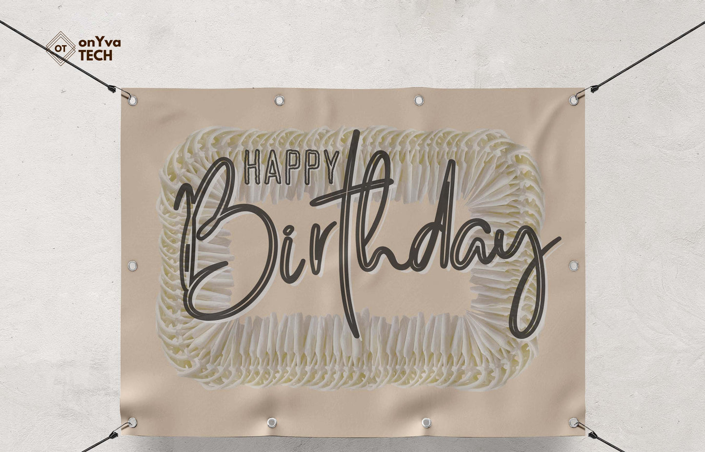 banner with a sublimation print of a rectangle border of a Micronesian White Ginger Lei frame surrounding the words