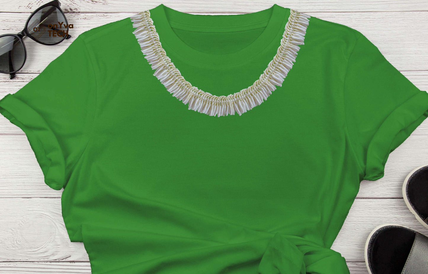 custom t-shirt with the sublimation print of an oval Micronesian White Ginger Lei dropping from each shoulder