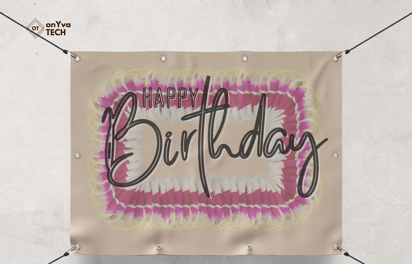 banner with a sublimation print of a rectangle border of a Micronesian Ginger Orchid Lei frame surrounding the words