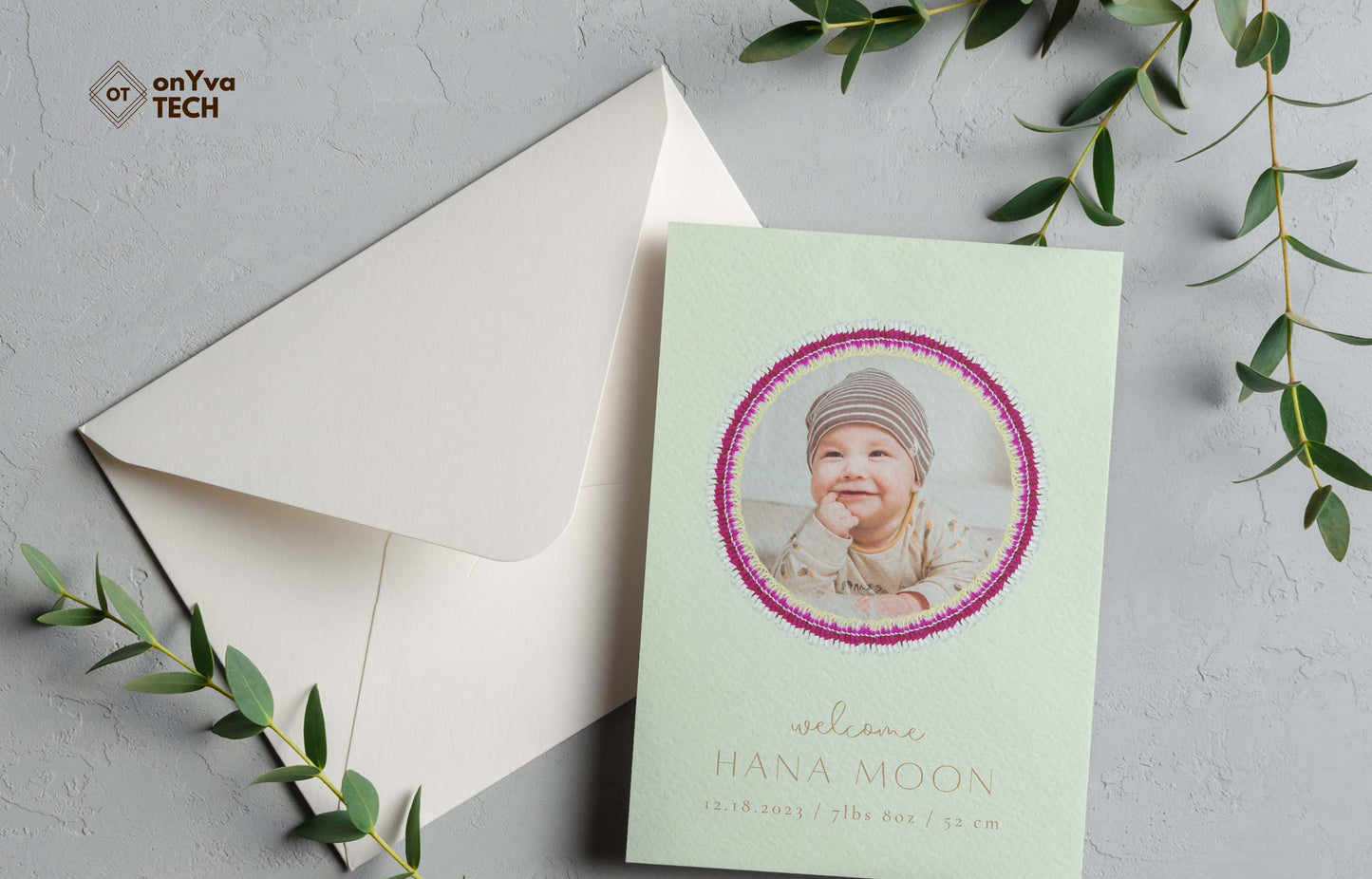baby announcement card with a circle frame of Micronesian Ginger Orchid Lei necklace around the picture.