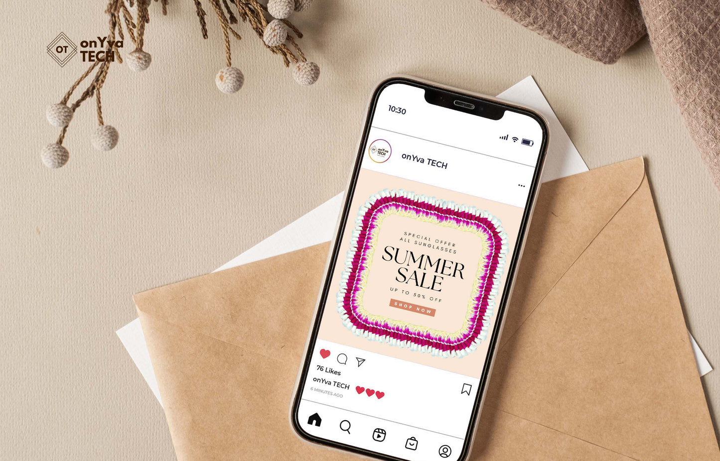 flash sale announcement in a digital instragram post format. There is a square frame of a Micronesian Ginger Orchid Lei designed around the words