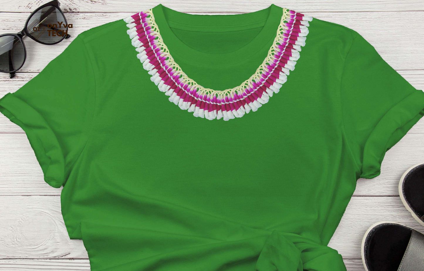 custom t-shirt with the sublimation print of an oval Micronesian Ginger Orchid Lei dropping from each shoulder