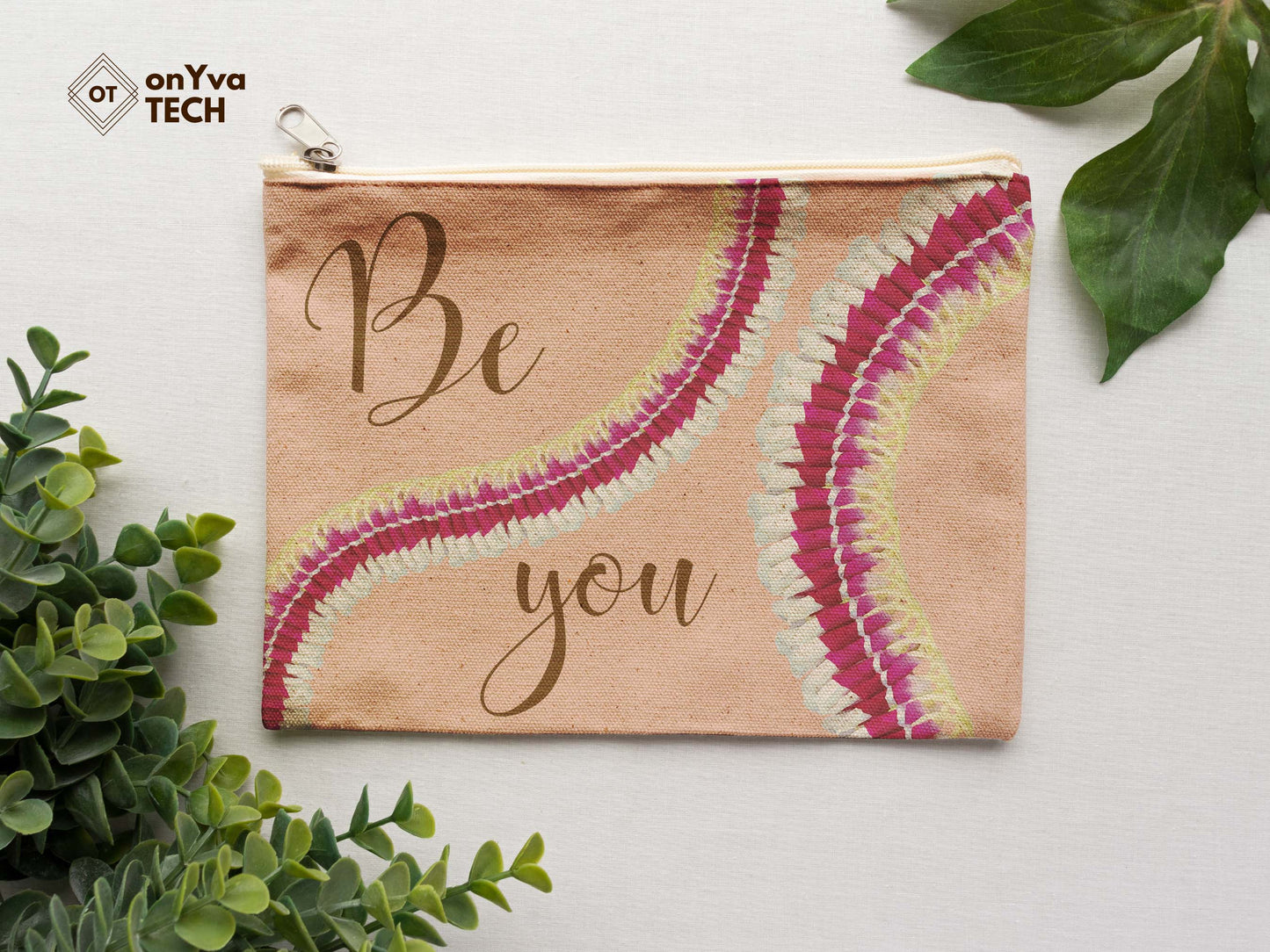 burlap pouch for gifts with the sublimation print of squiggly Micronesian Ginger Orchid Lei flower PNG and the words Be You