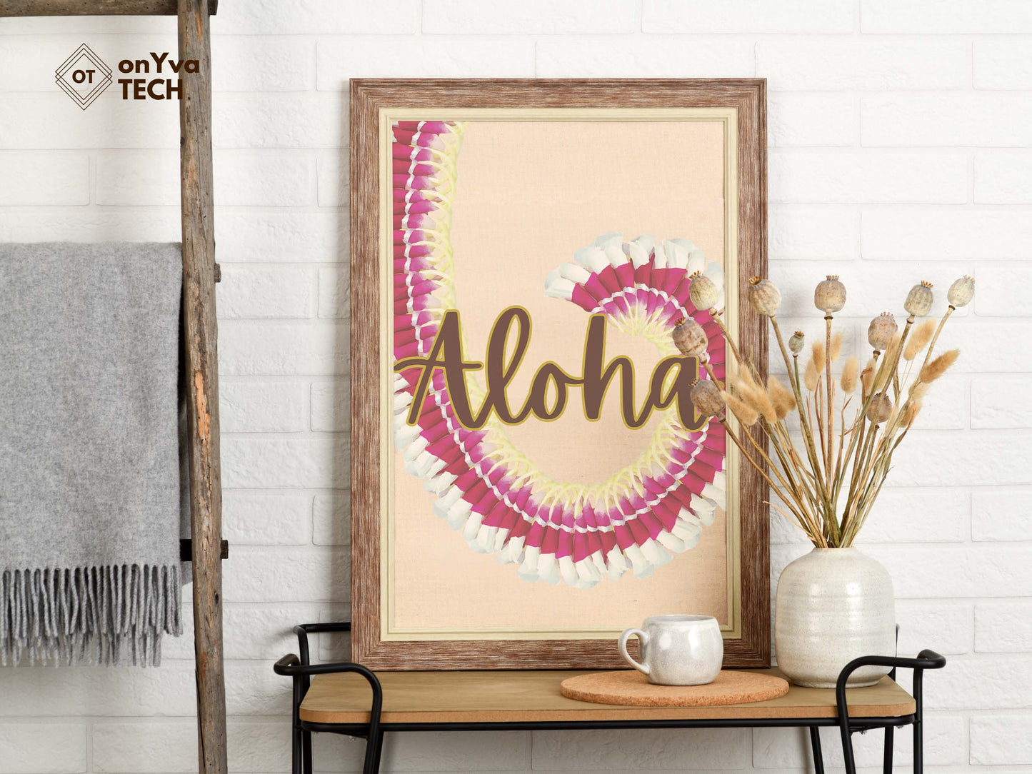 printed poster in a frame of a swirl of a Micronesian Ginger Orchid Lei with the words Aloha