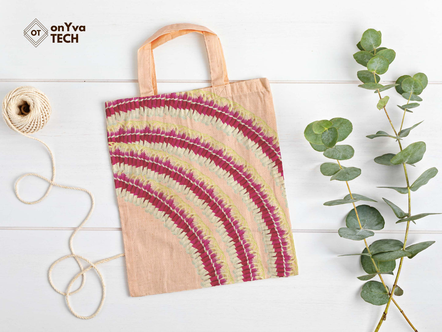 jute tote bag with 4 arcs of Micronesian Ginger Orchid Lei sublimation print from top to bottom