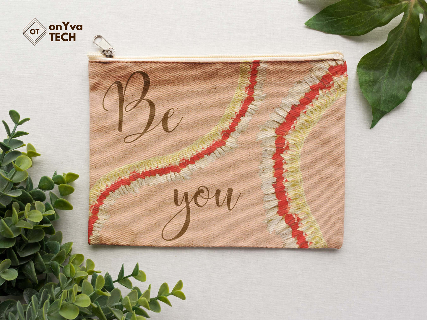 burlap pouch for gifts with the sublimation print of squiggly Micronesian Ginger Red Carnation Lei flower PNG and the words Be You