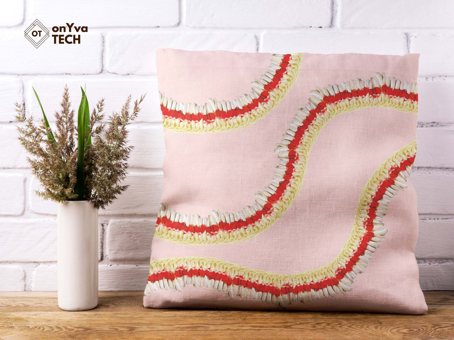 personalized pillow sublimation printed with 3 Micronesian Ginger Red Carnation Lei naturally curved PNG going across