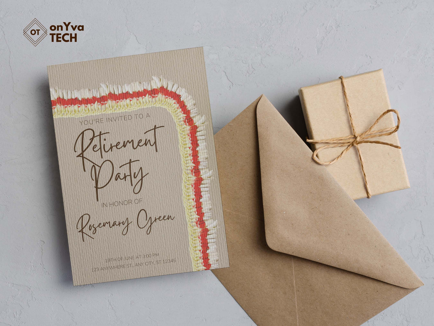 retirement party card invitation with a corner Micronesian Ginger Red Carnation Lei surrounding the top and right side of the card only