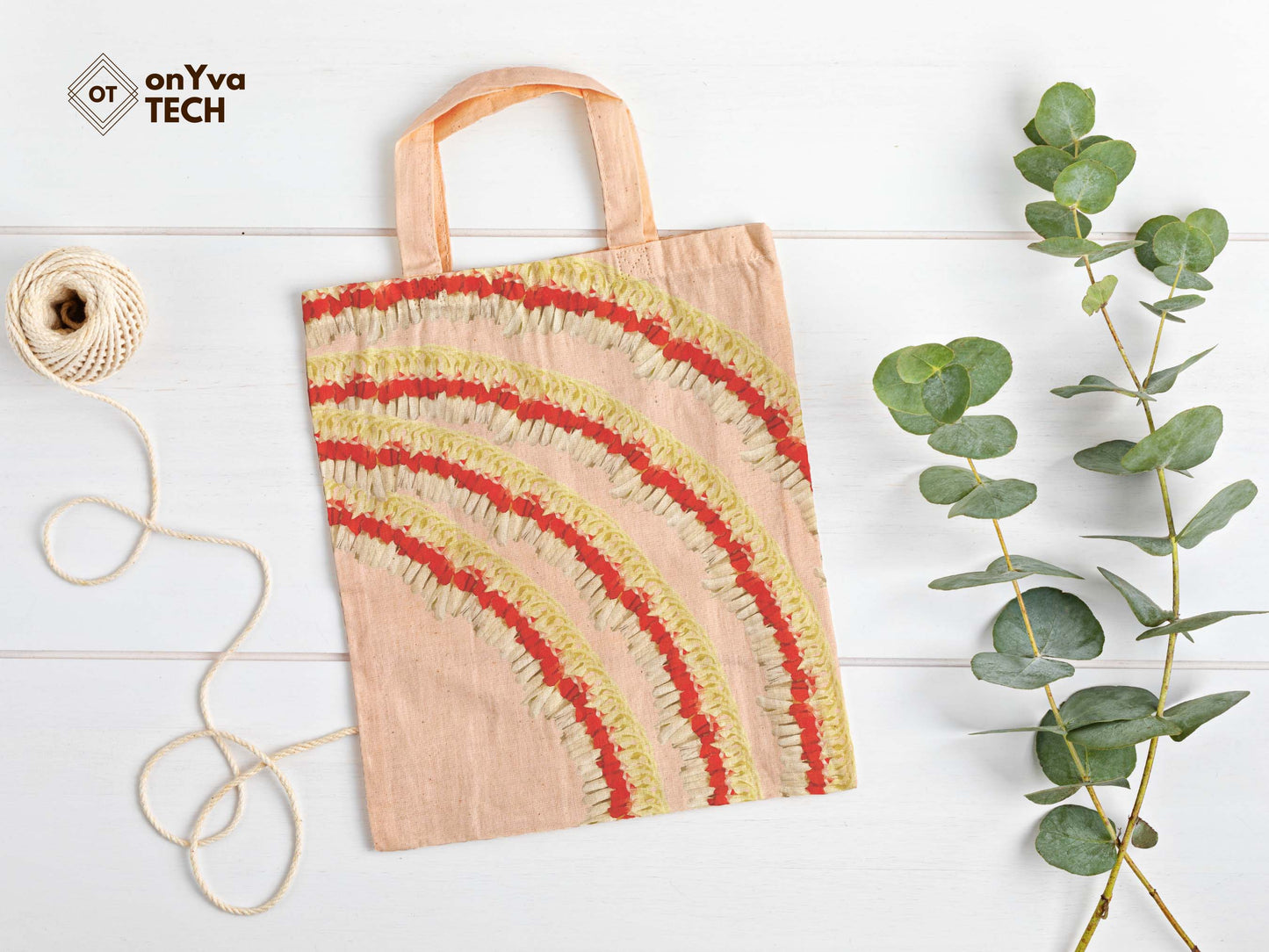 jute tote bag with 4 arcs of Micronesian Ginger Red Carnation Lei sublimation print from top to bottom