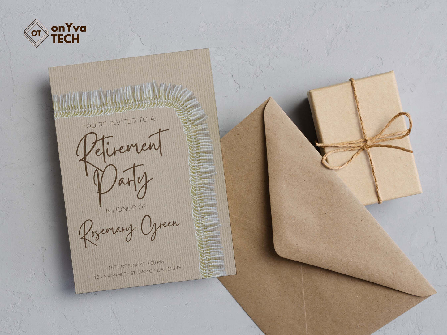 retirement party card invitation with a corner Micronesian White Ginger Lei surrounding the top and right side of the card only