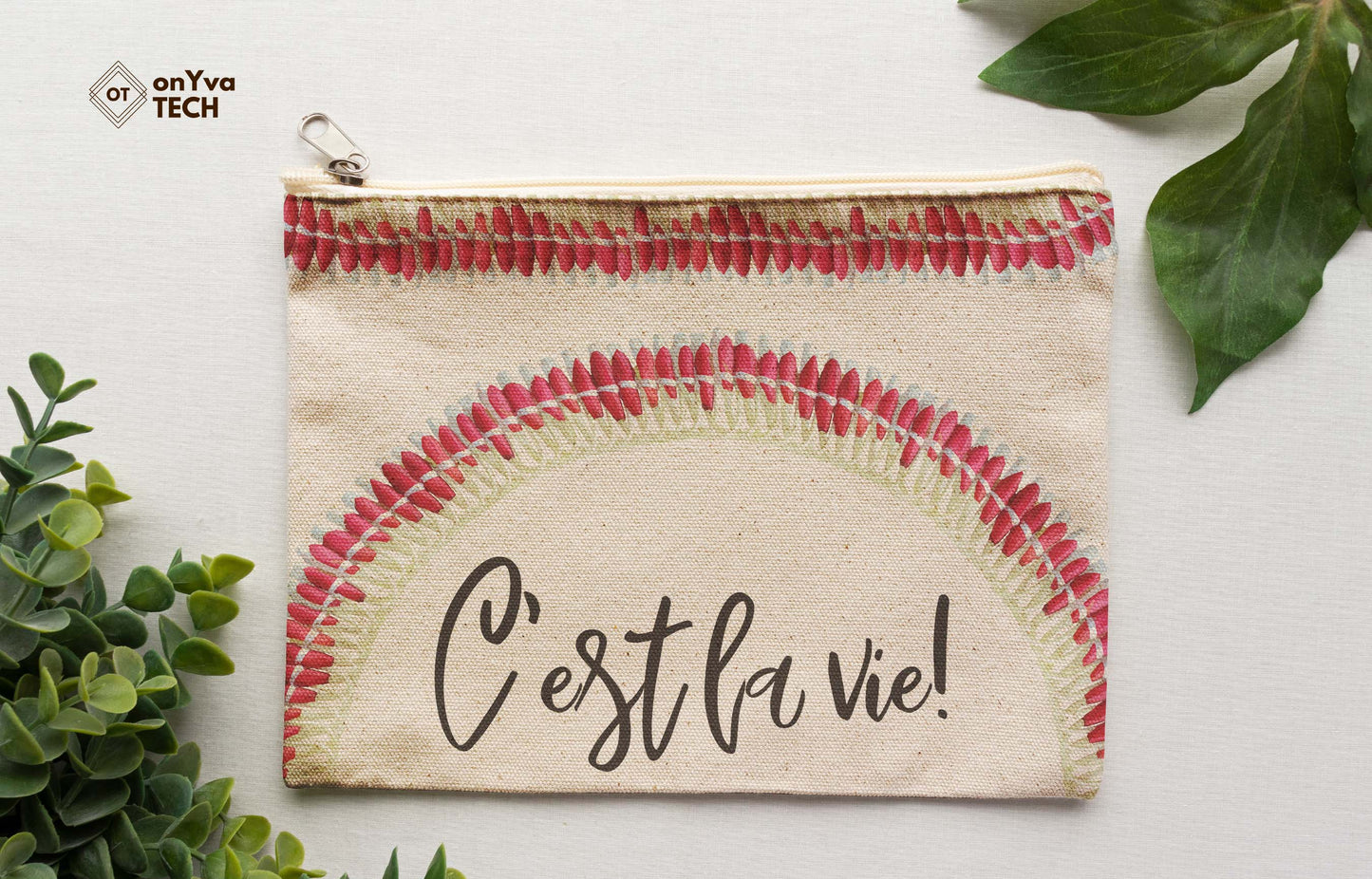 burlap pouch for gifts with the sublimation print of Micronesian White Pink Ginger Lei flower PNG and the words Cʻest la vie