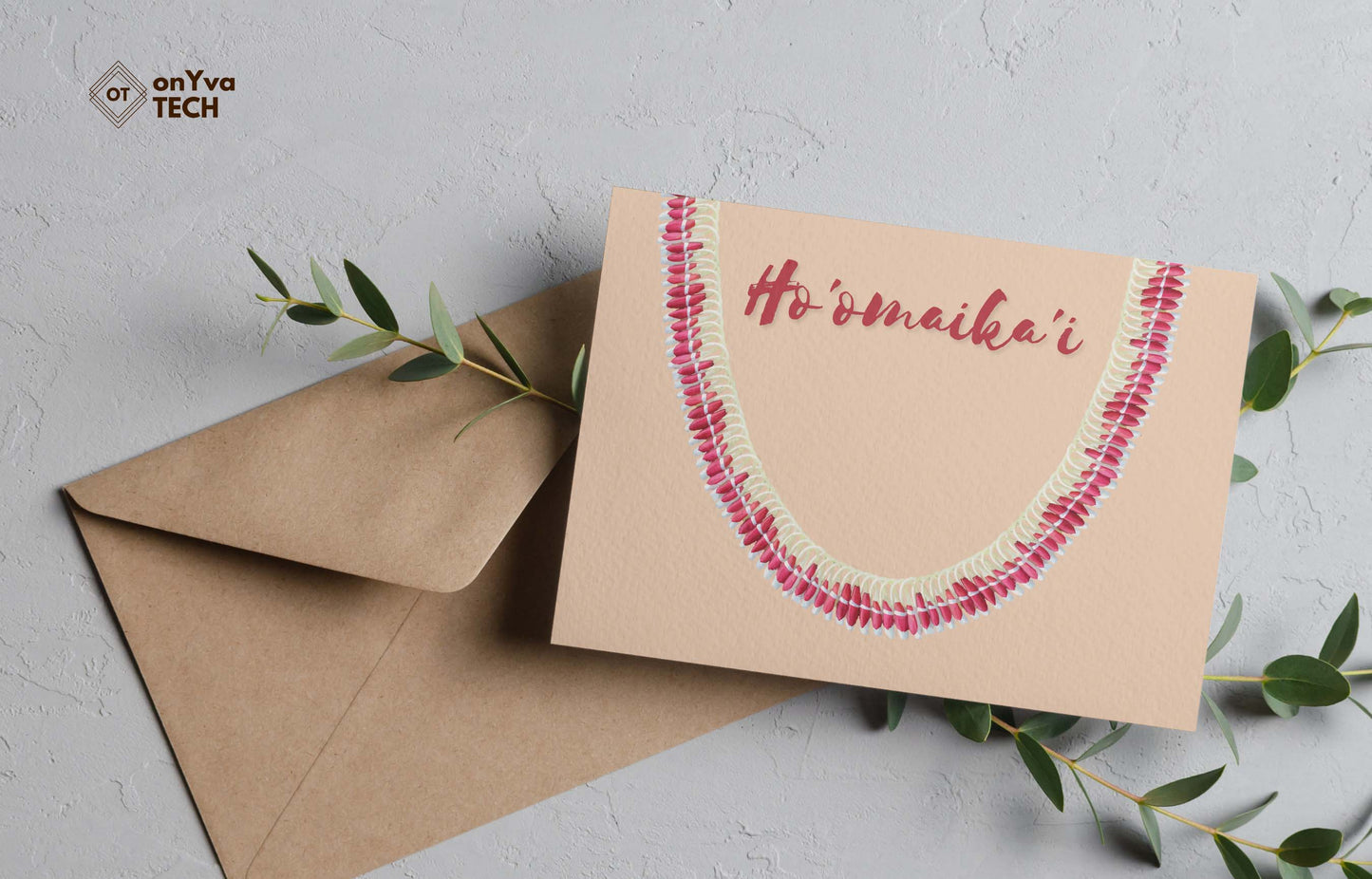 Congratulation greeting card adorned with half an oval Micronesian White Pink Ginger Lei floral border and the words Hoomaikai