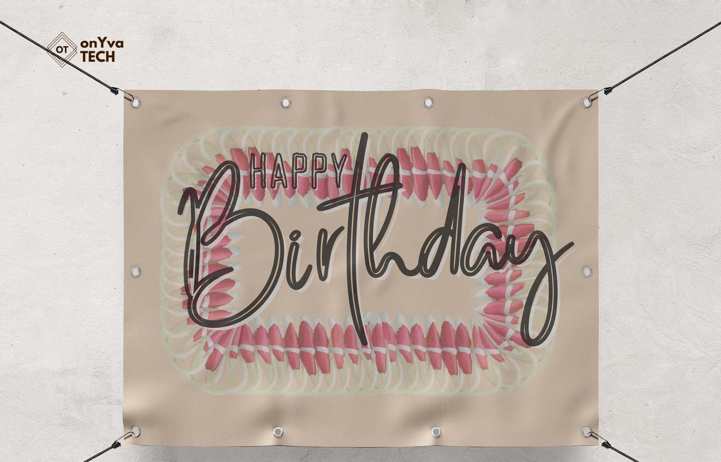 banner with a sublimation print of a rectangle border of a Micronesian White Pink Ginger Lei frame surrounding the words