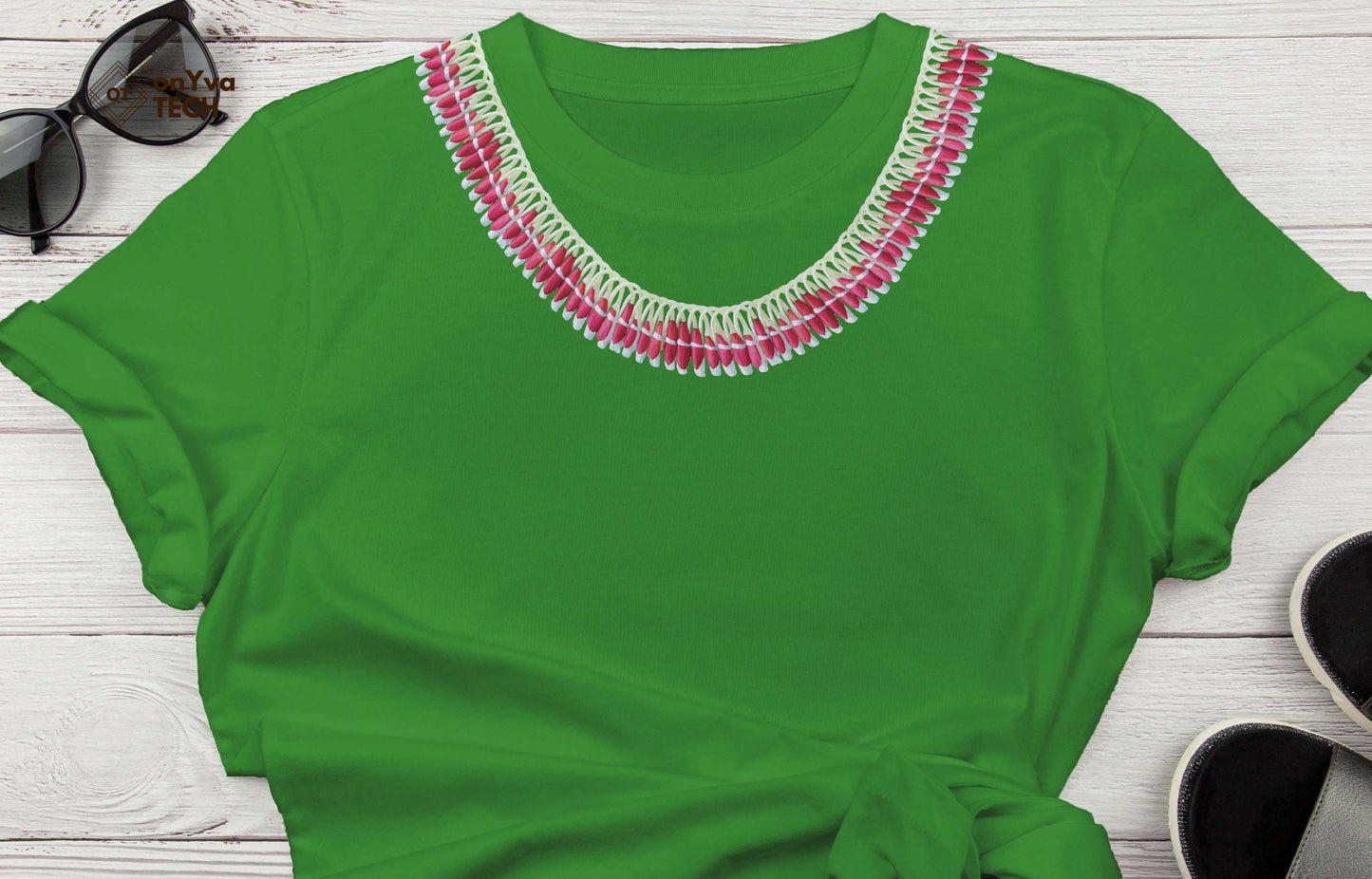 custom t-shirt with the sublimation print of an oval Micronesian White Pink Ginger Lei dropping from each shoulder