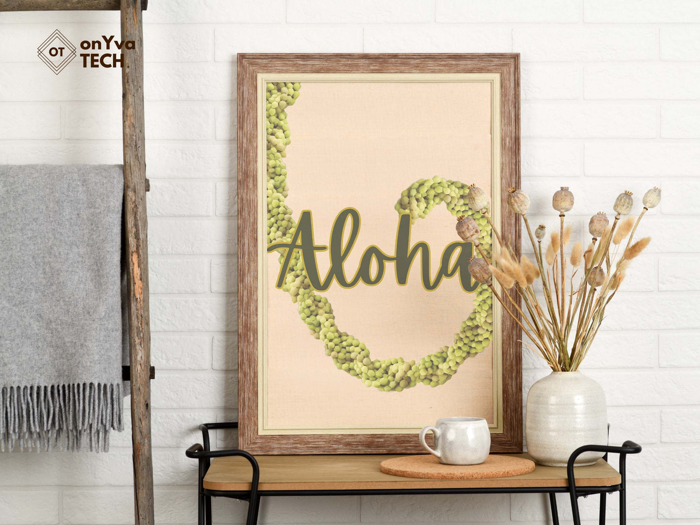 printed poster in a frame of a swirl of a Mokihana Double 3 Strand Twist Lei with the words Aloha