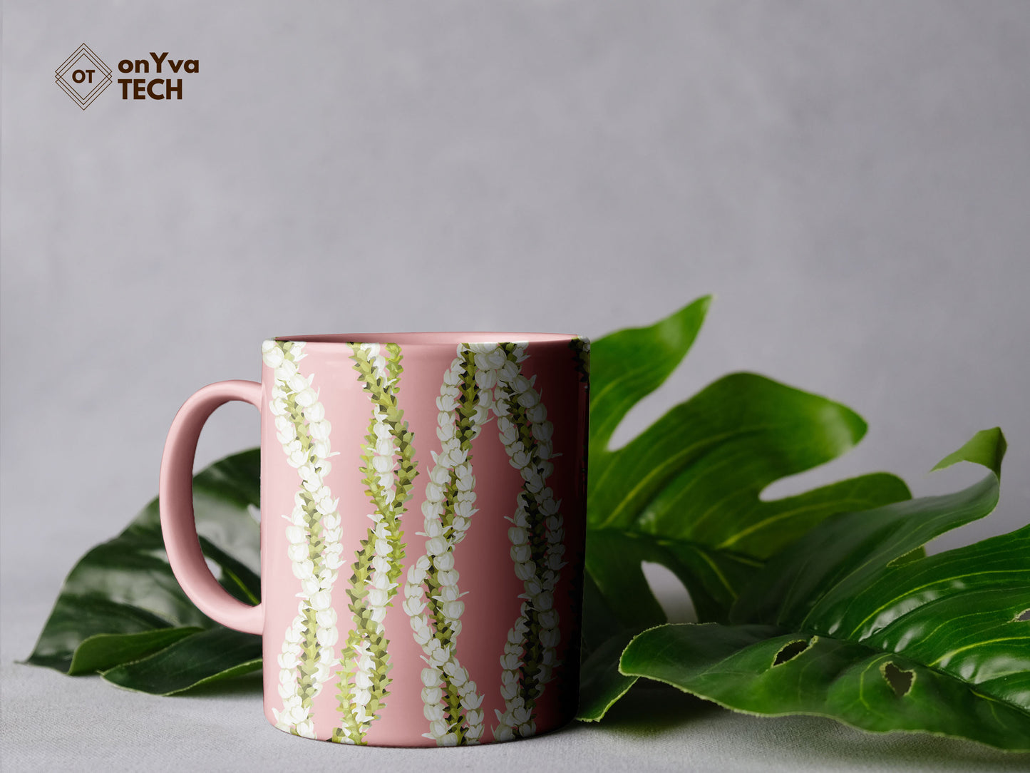 personalized mug sublimation print with several Pakalana Pikake 3 Strand Twist Lei floral border going around the mug