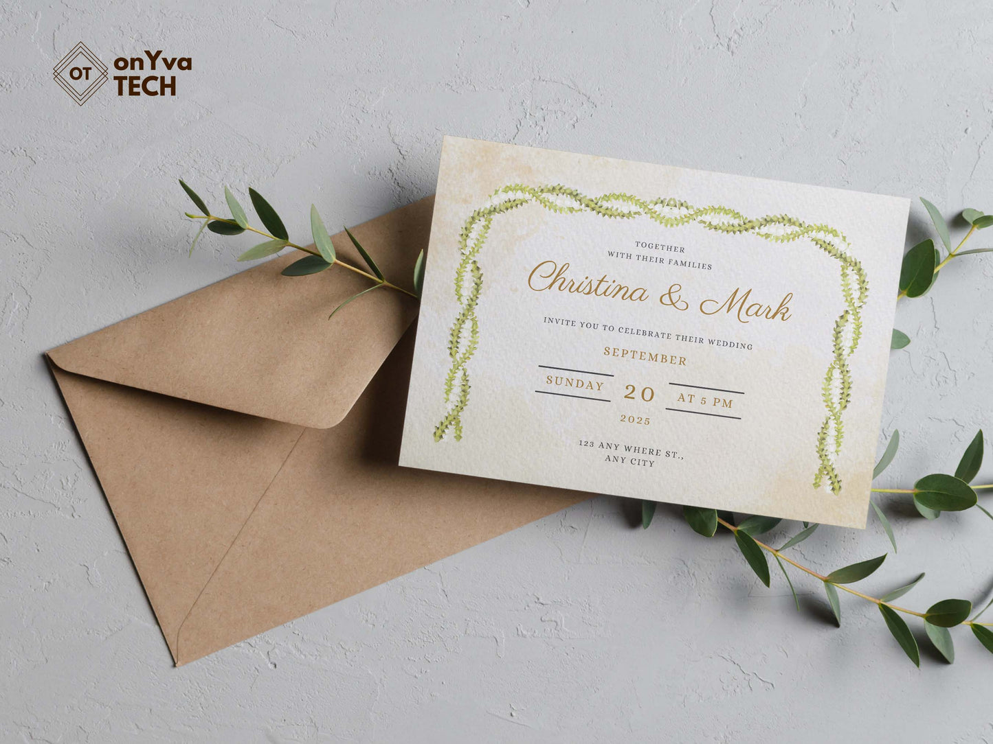 wedding announcement card adorned with floral prints of a Pakalana Pikake 3 Strand Twist Lei